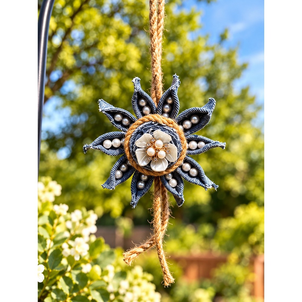 Handmade Denim Flower Hanging Decoration Faux Pearl Jute Boho Farmhouse Decor 1